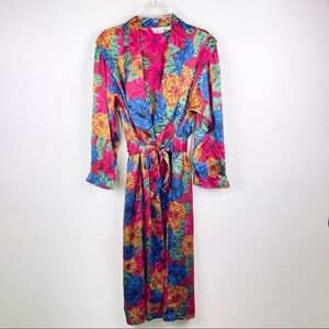 Vintage Beth Michaels Satin Floral Red Blue Green Bold Kimono Robe Size M/L